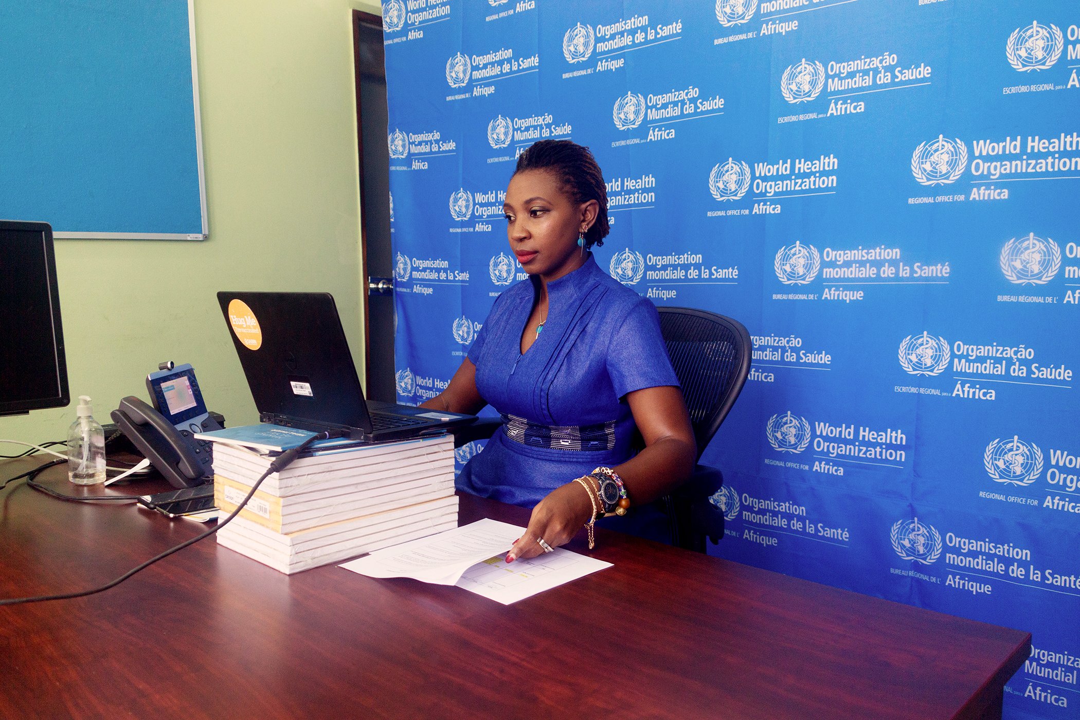 Dr. Atuhebwe prepares for an online meeting on the COVID-19 vaccine at the World Health Organization's offices in Brazzaville, Republic of the Congo in May 2021. While Dr. Atuhebwe mostly works from home, she occasionally goes to The WHO regional offices.