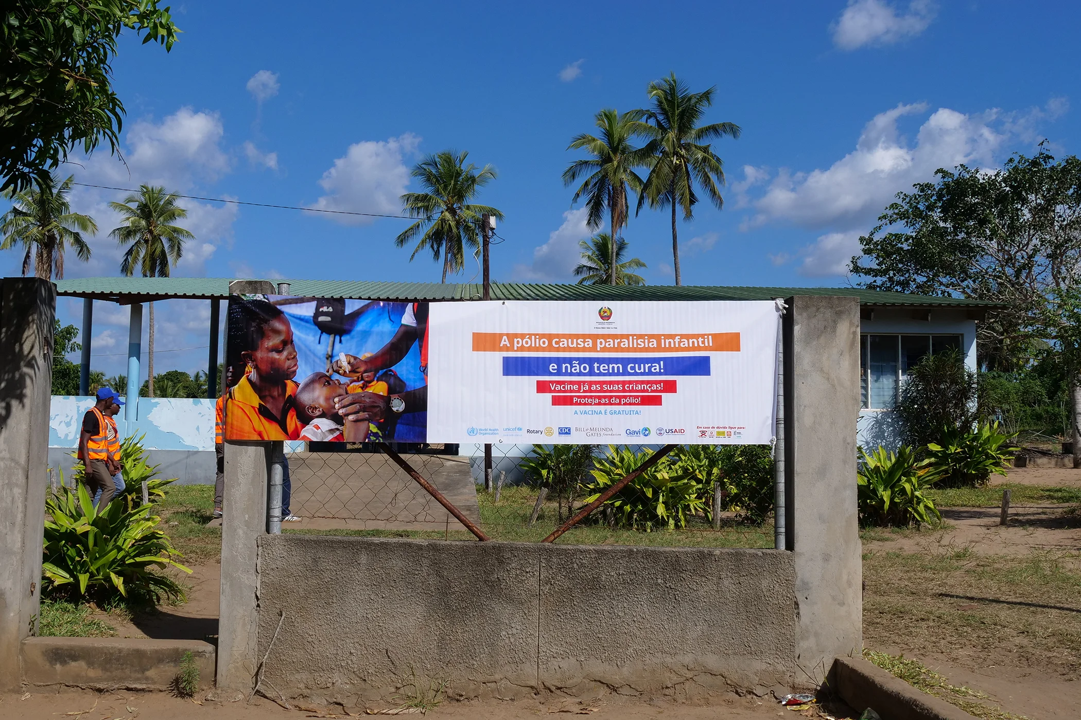 Signage outside a health centre offering routine vaccinations alongside the June 2025 polio campaign reads: “Polio causes infantile paralysis and has no cure. Vaccinate your children now.”