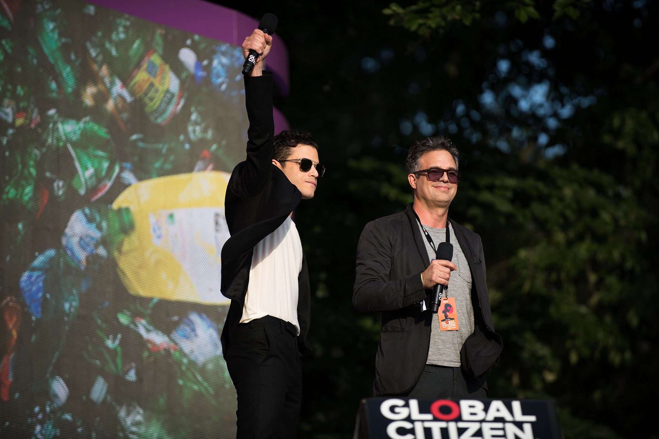 Rami Malek and Mark Ruffalo speak onstage during the 2018 Global Citizen Festival: Be The Generation in Central Park on Sept. 29, 2018 in New York, NY.