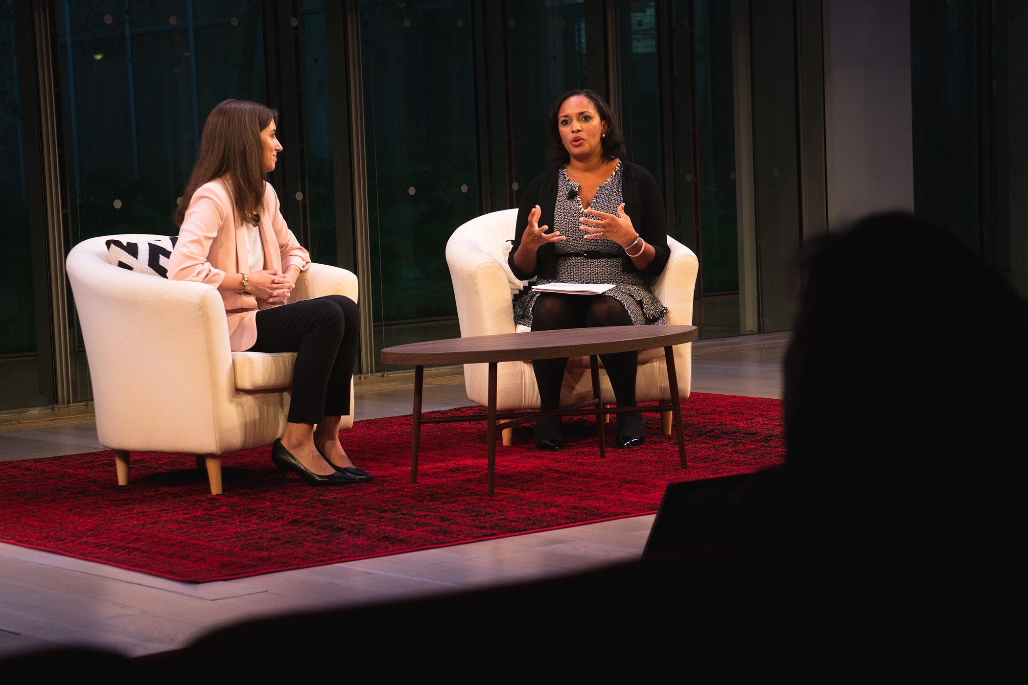 She's The First Co-founder & CEO Tammy Tibbetts (L) and Student Leadership Network Executive Director Jemina Bernard speak onstage during Global Citizen - Movement Makers at The Times Center on Sept. 25, 2018 in New York City.