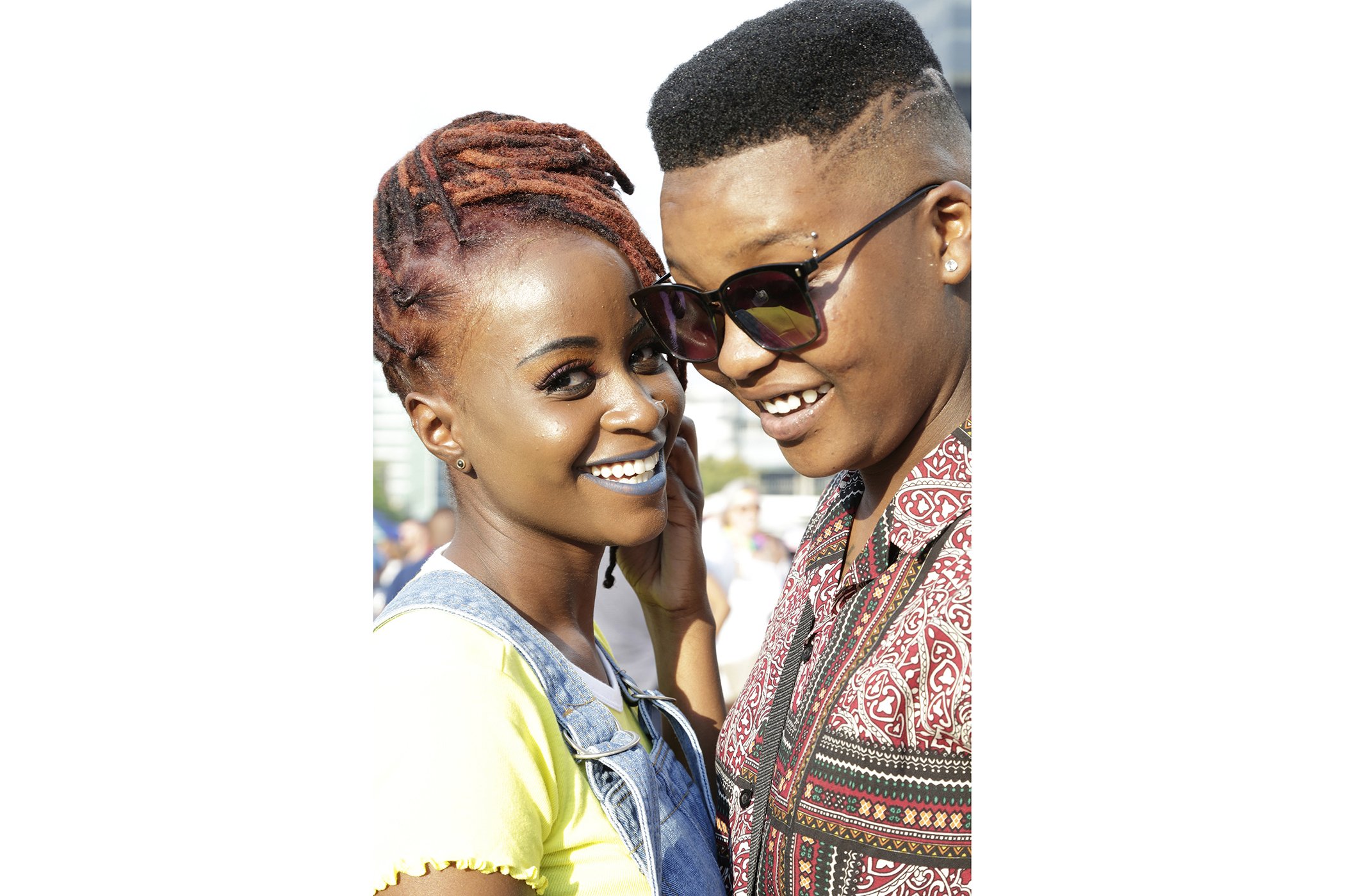 Two marchers embrace as they pose for a portraits during in the Johannesburg Pride Parade on Oct. 26, 2019 in Johannesburg, South Africa.
