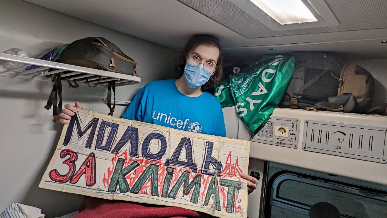 Young climate activist, Ilyess El Kortbi, takes a selfie in a sleeper train evacuating Kyiv during the night of 23-24 Feb.