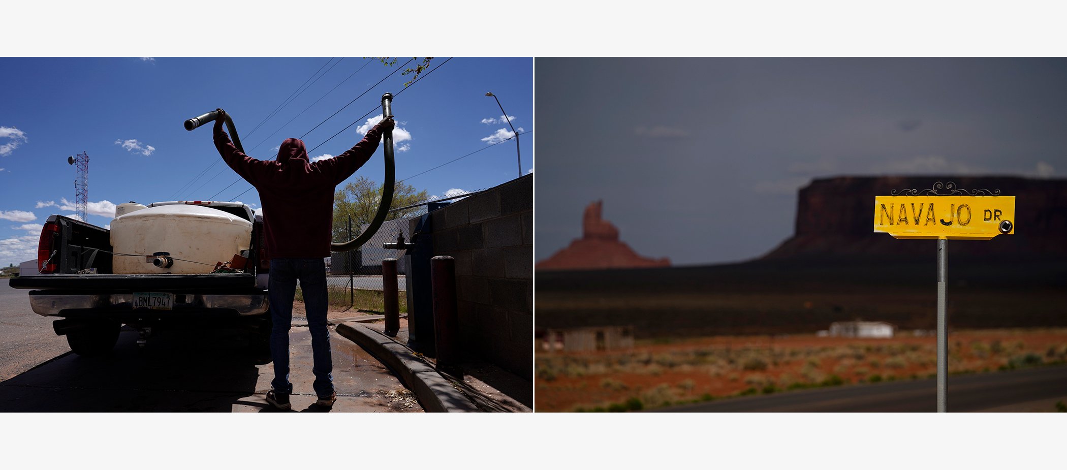(L) A man runs a hose from a water pump to fill a water tank in the back of a pickup truck on the Navajo reservation, April 20, 2020. (R) A sign for Navajo Drive is seen against a cloud-darkened Sentinel Mesa in Oljato-Monument Valley, Utah on April 30.