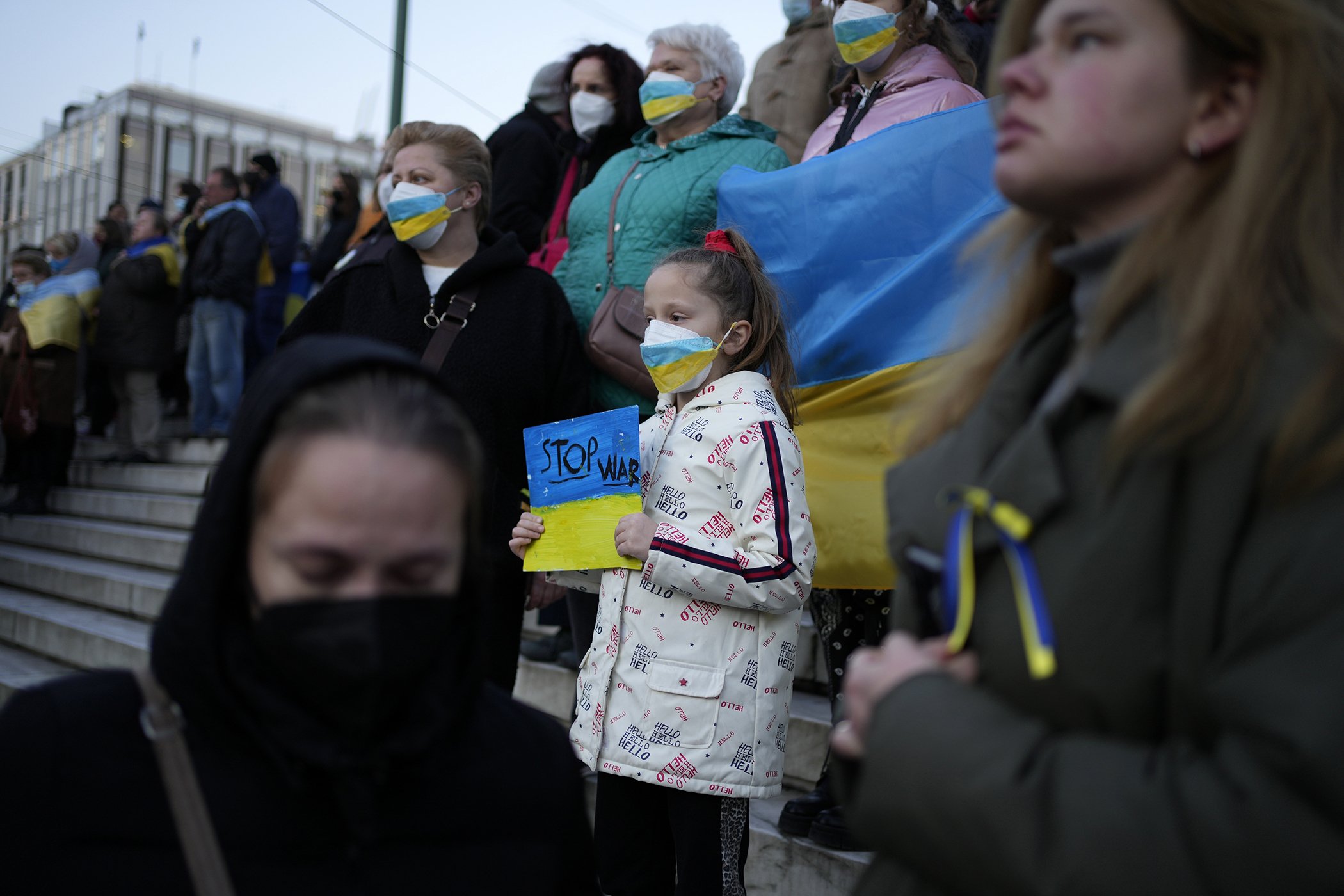 Ukrainians who live in Greece take part in a rally against Russia's invasion of Ukraine, in Athens, Greece, March 1, 2022.