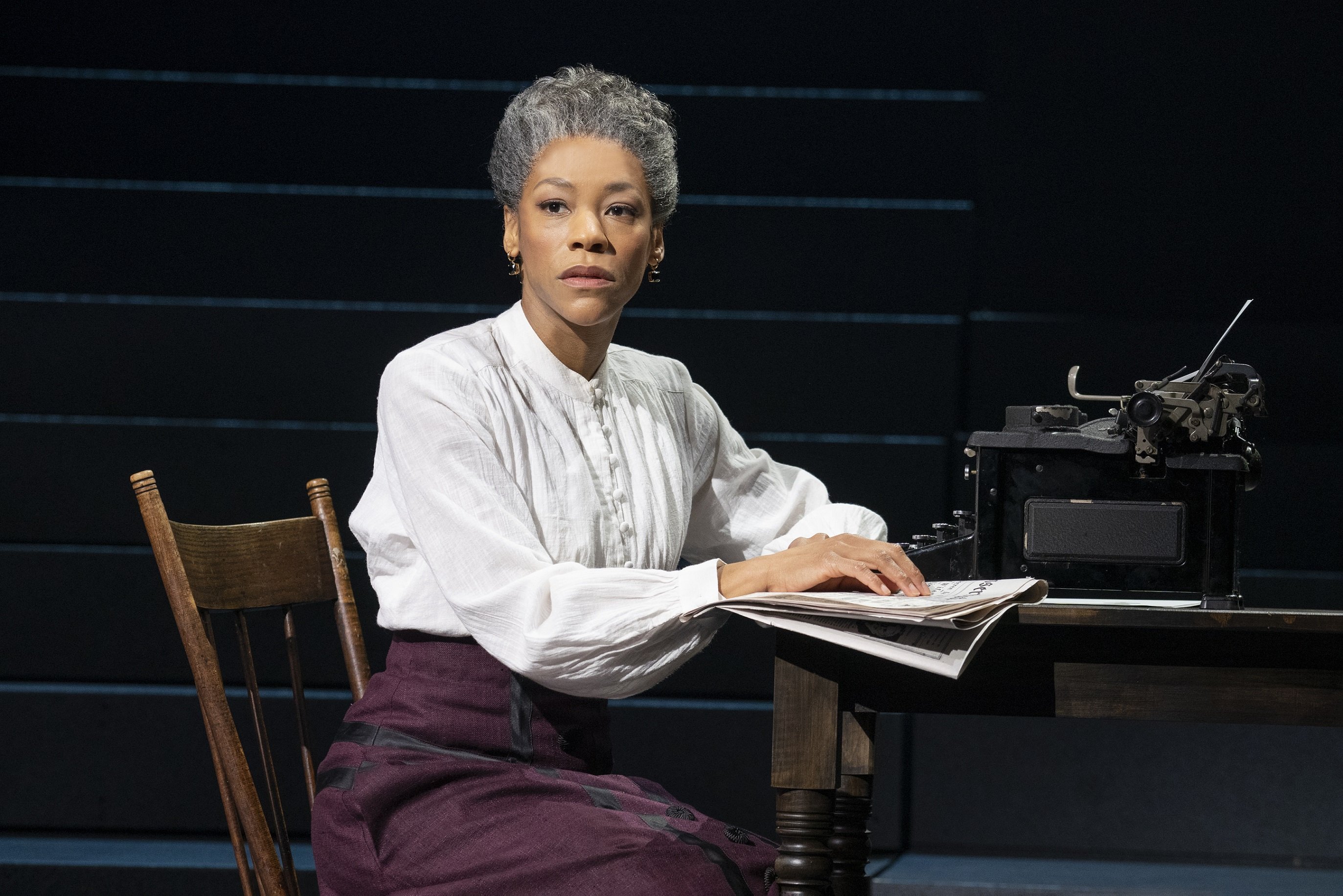 Nikki M. James in the world premiere of musical "Suffs," with book, music, and lyrics by Shaina Taub, music direction and music supervision by Andrea Grody, choreography by Raja Feather Kelly, and direction by Leigh Silverman. Nikki M. James in the world premiere of musical "Suffs," with book, music, and lyrics by Shaina Taub, music direction and music supervision by Andrea Grody, choreography by Raja Feather Kelly, and direction by Leigh Silverman.