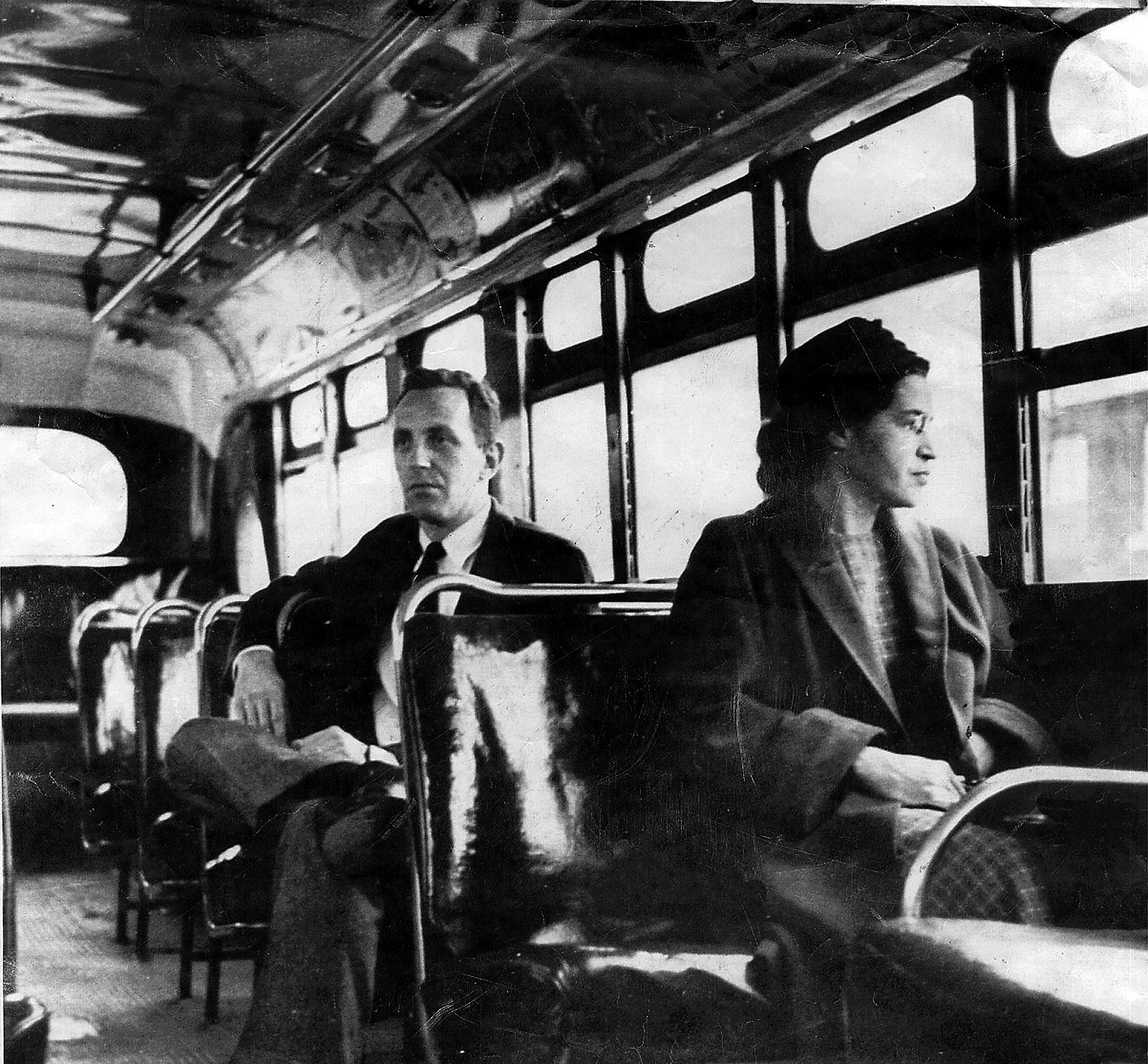 This an undated photo shows Rosa Parks riding on the Montgomery Area Transit System bus.