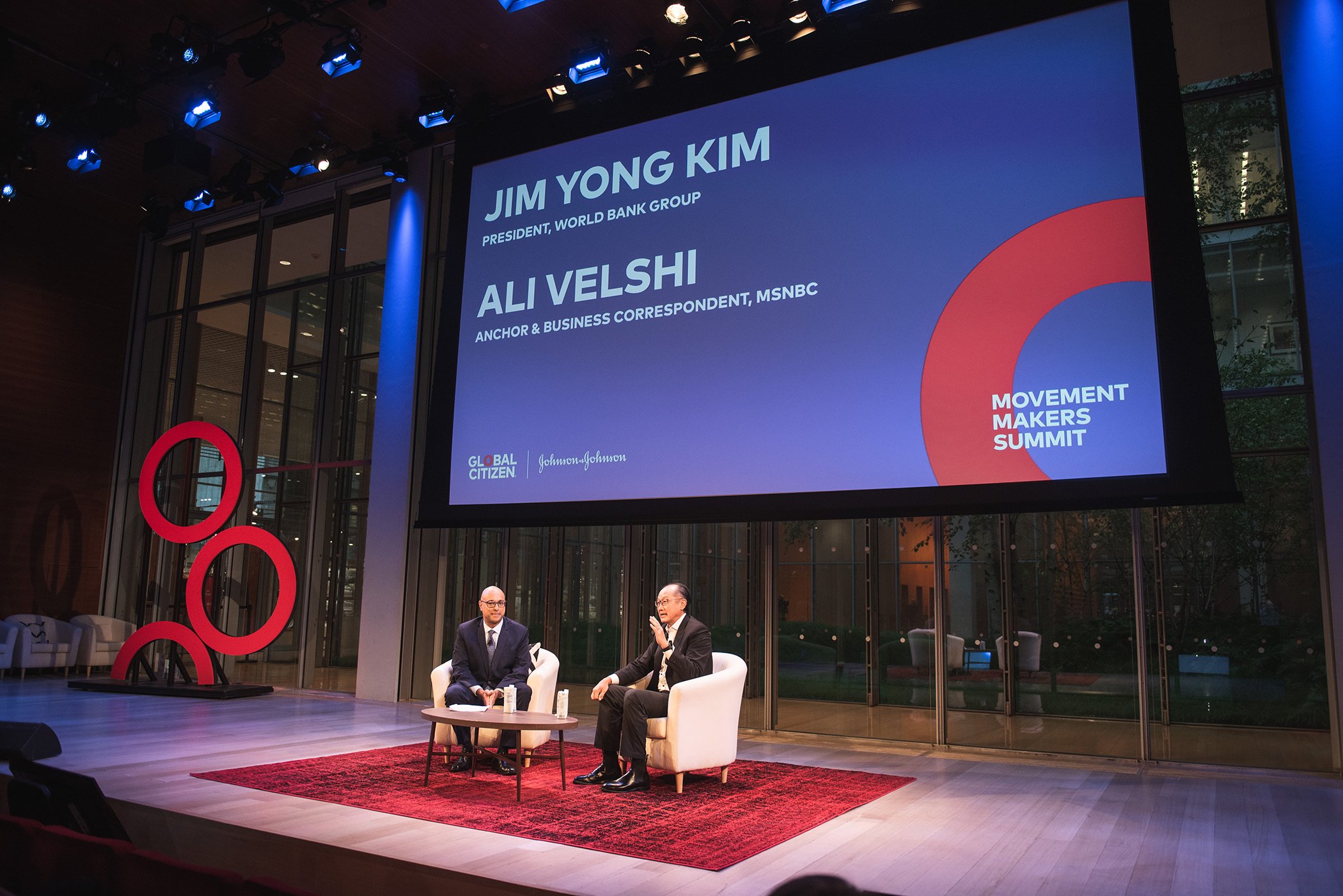 Journalist Ali Velshi (L) and World Bank President Jim Yong Kim speak onstage during Global Citizen - Movement Makers at The Times Center on Sept. 25, 2018 in New York City.