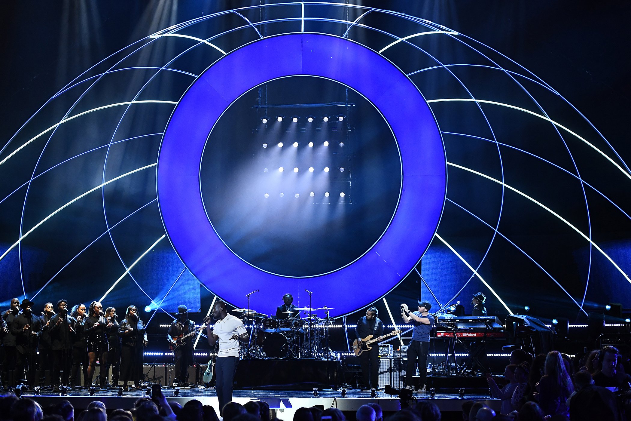 (L-R) Stormzy and Chris Martin perform at the Global Citizen Prize at the Royal Albert Hall on Dec. 13, 2019 in London, England.