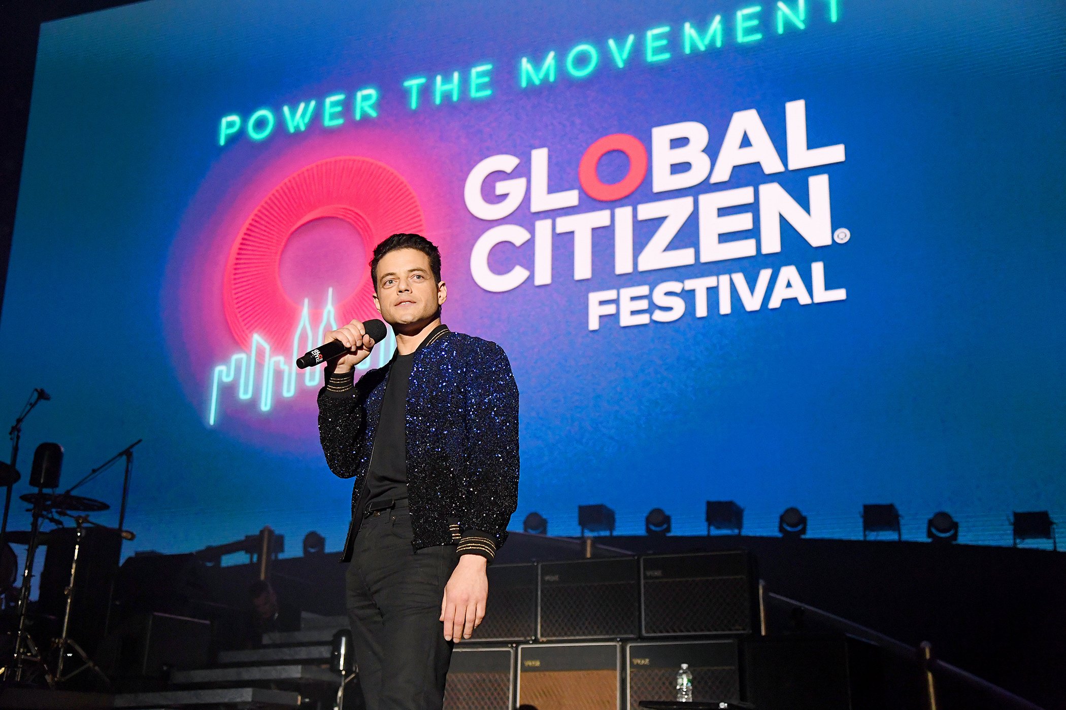 Rami Malek introduces Queen onstage during the 2019 Global Citizen Festival: Power The Movement in Central Park on Sept. 28, 2019 in New York City.