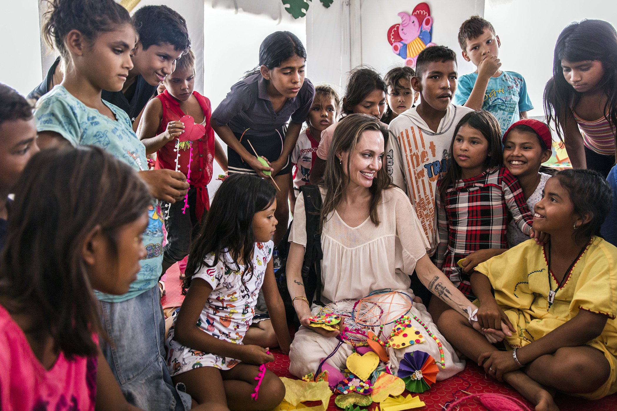 UNHCR Special Envoy Angelina Jolie meets with children who fled Venezuela, at the Integrated Assistance Centre, in Maicao, Colombia, on June 8, 2019.