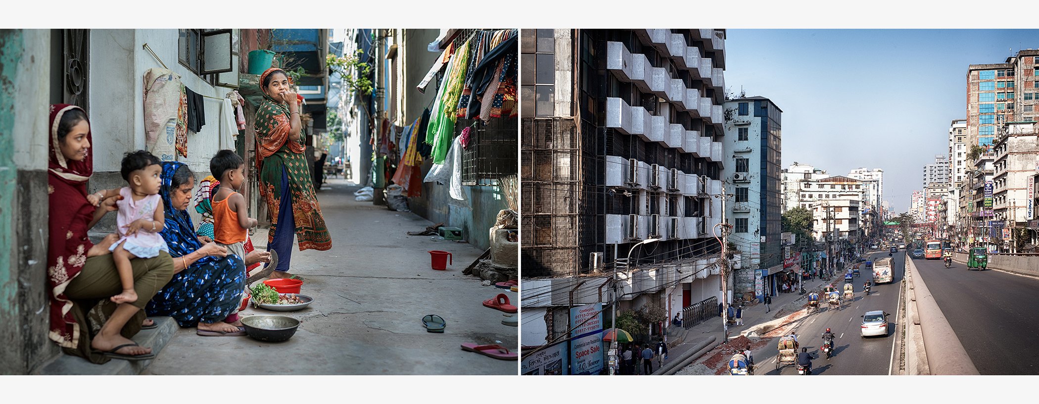 (L) Women living in the slums in Dhaka struggle to work with small children as there is no one to look after them in those neighborhoods. (R) Textile factories are visible from the city's roadside in Dhaka, Bangladesh.