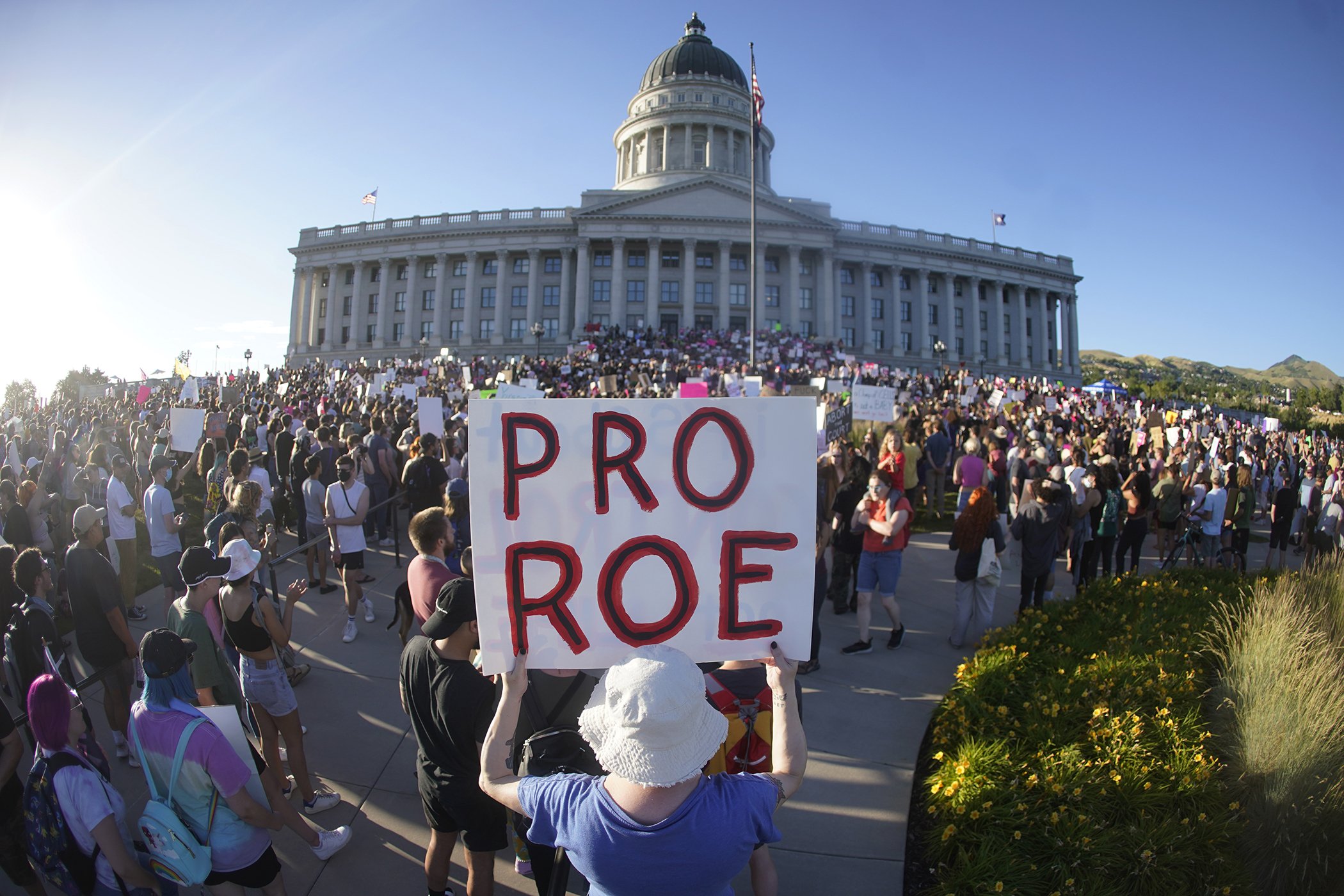 People attend an abortion-rights protest at the Utah State Capitol in Salt Lake City after the Supreme Court overturned Roe v. Wade, Friday, June 24, 2022.