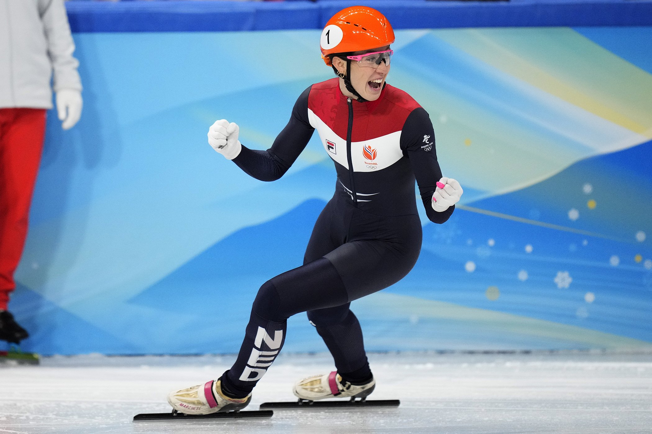 Suzanne Schulting of the Netherlands, reacts after her women's 3000-meters relay semifinal during the short track speedskating competition at the 2022 Winter Olympics, Feb. 9, 2022, in Beijing.