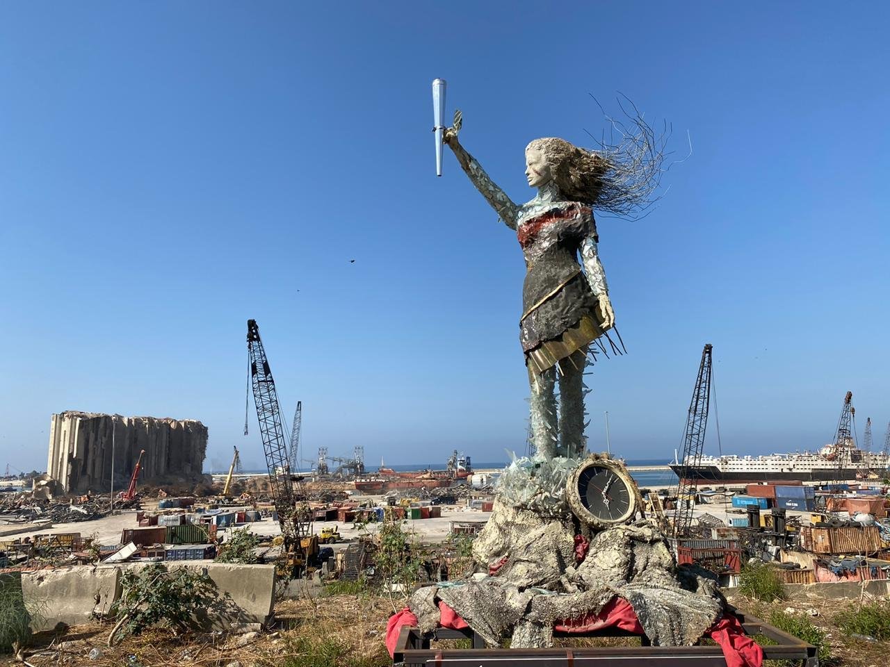 Hayat Nazer's latest piece: a gorgeous statue she created out of twisted metal, broken glass, and debris she collected from the devastating explosion that struck the Beirut port on Aug. 4, killing hundreds of people.