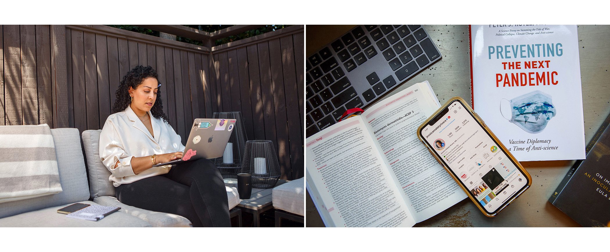 (L) Jessica Malaty Rivera is photographed at her home in California in July 2021. (R) Rivera's work materials and social media platform are pictured. Rivera has amassed an audience of over 336,000 who are learning about the coronavirus.