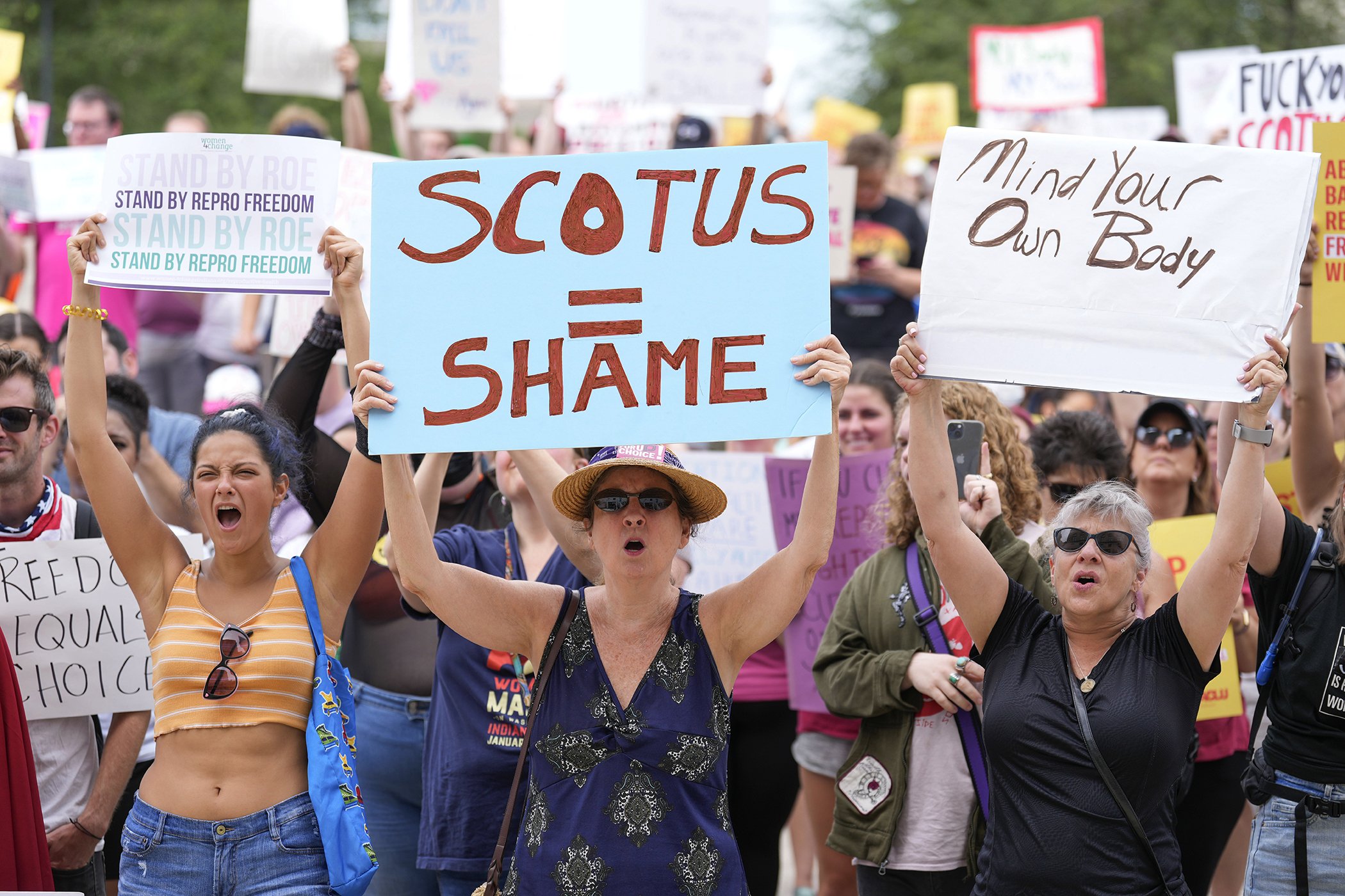 Abortion-rights activist rally at the Indiana Statehouse following Supreme Court's decision to overturn Roe v. Wade, Saturday, June 25, 2022 in Indianapolis.