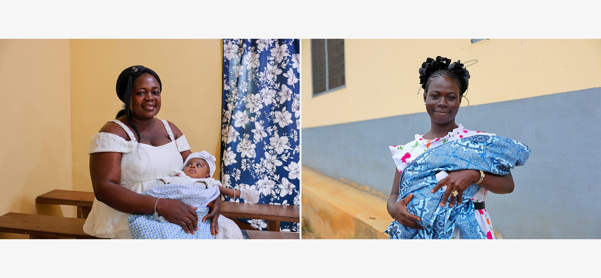 (L) Comfort Owusua, poses for a portrait with her daughter and (R) Comfort Sarpong, poses for a portrait with her child, both at the Kotokuom CHPS Compound in the Ayemansa District, Eastern Region, Ghana, on July 16, 2025.