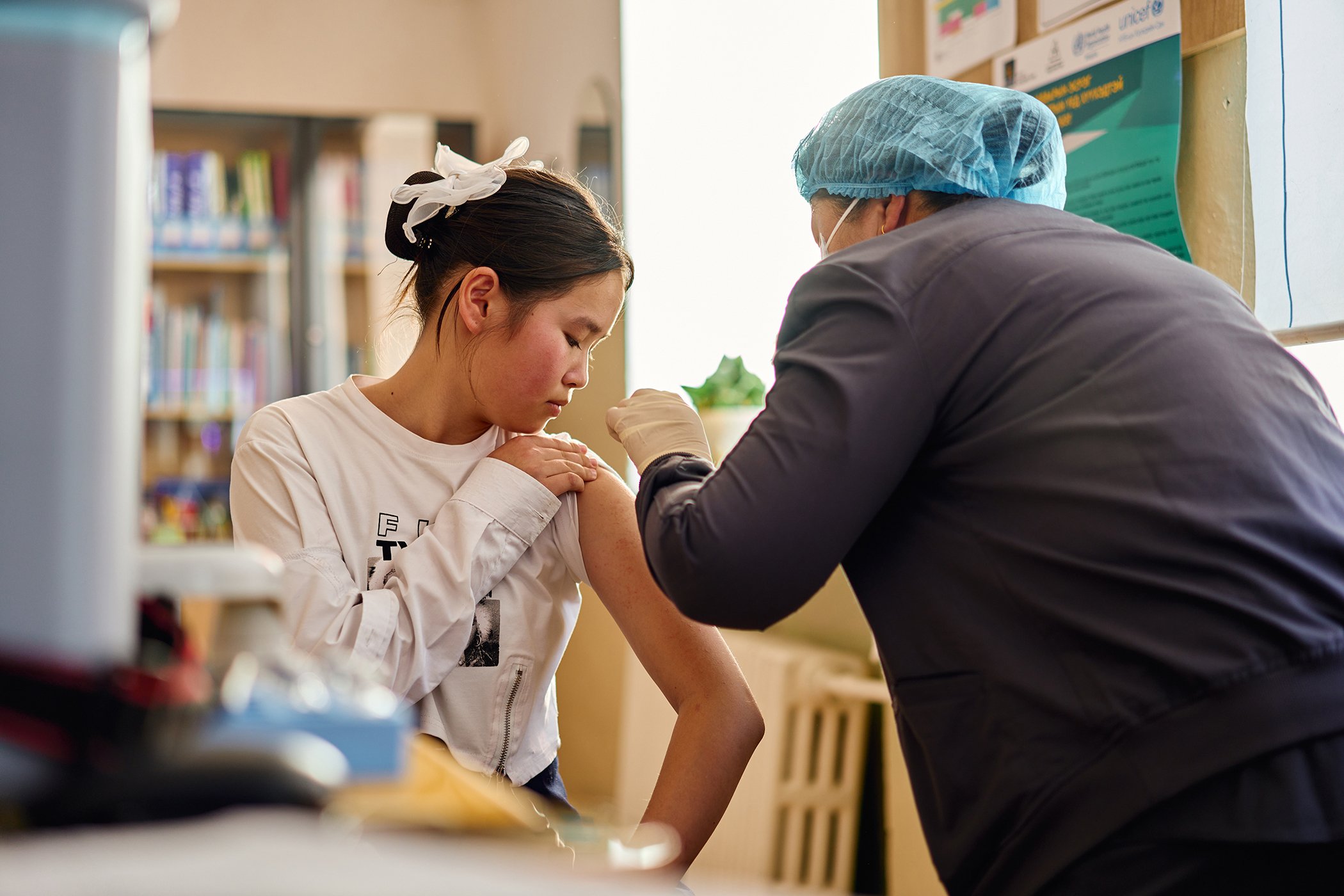 A young student receives the HPV vaccination during a campaign at her school in Altanbulag, Mongolia in 2024. Image: Khasar Sandag/2024/GAVI