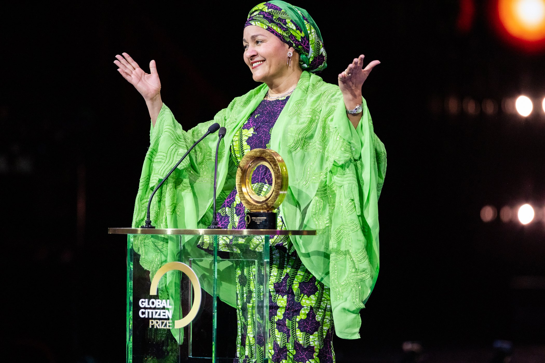 Amina Mohamed receives the Global Citizen World Leader of the Year Prize at the Global Citizen Prize at the Royal Albert Hall on Dec. 13, 2019 in London, England.