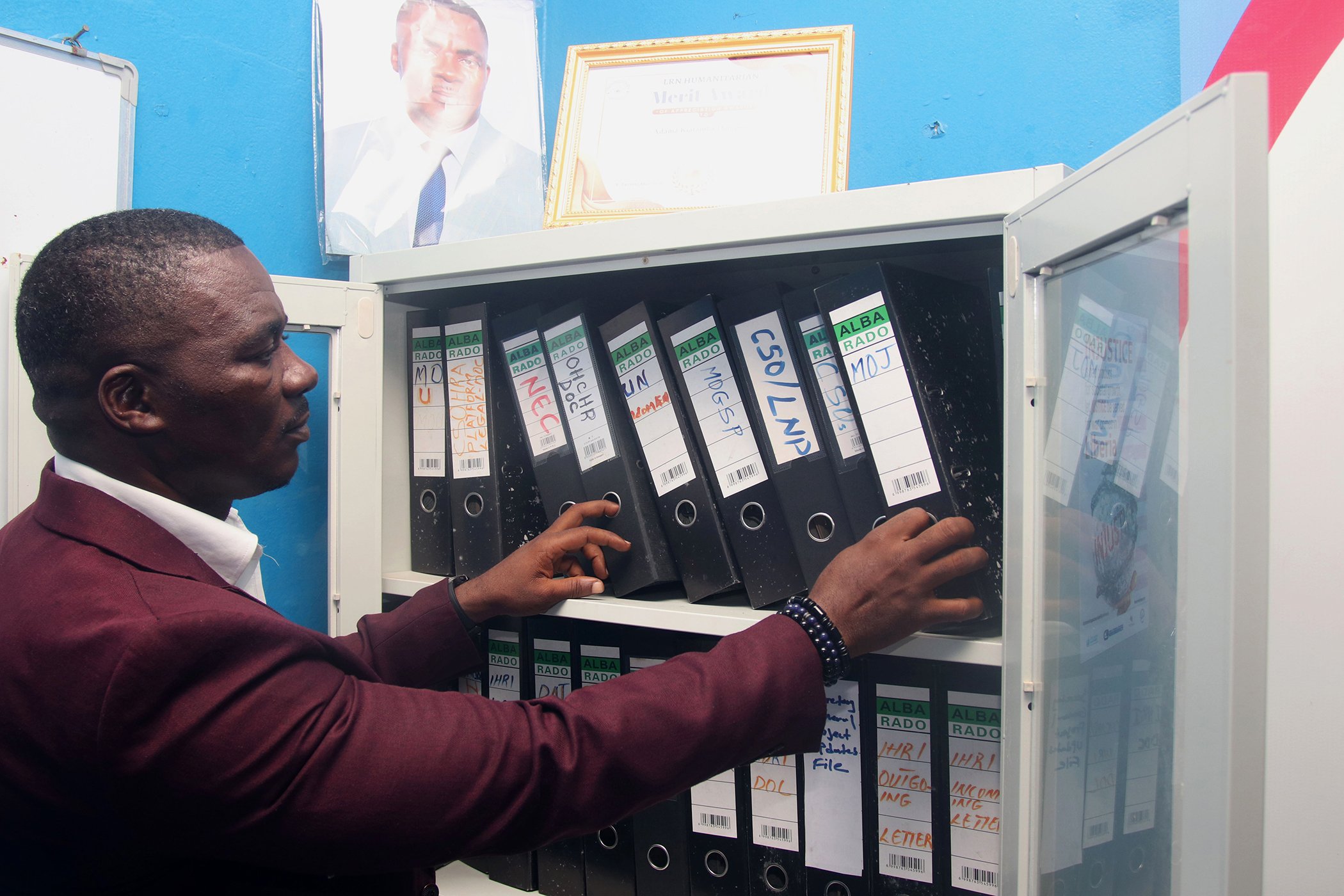 Adama Kiatamba Dempster is pictured at his office in Congo town, outside Monrovia, Liberia on Aug. 13, 2024.