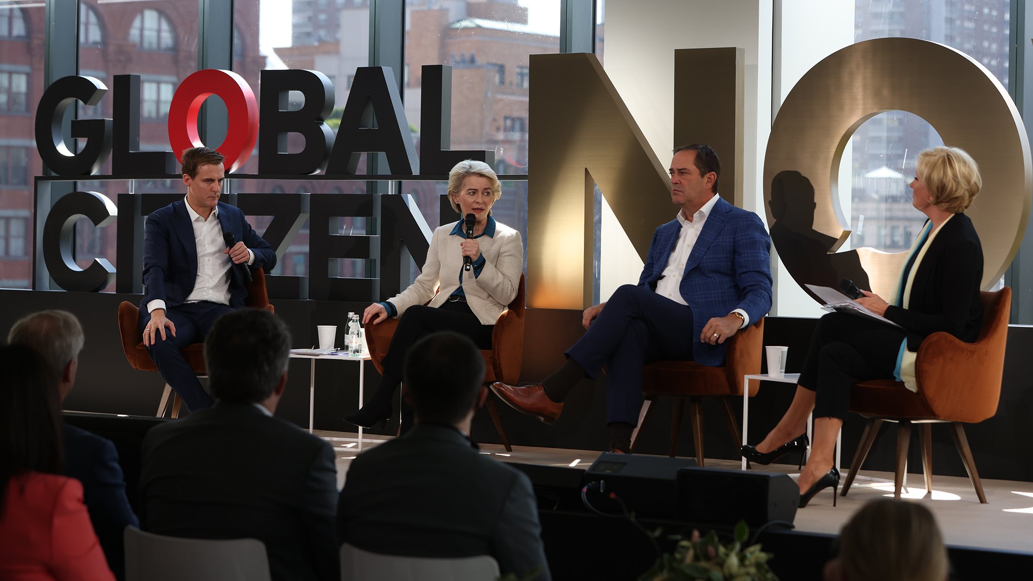 Global Citizen CEO Hugh Evans, European Commission President Ursula von der Leyen, Cisco CEO Chuck Robbins, and "Morning Joe" co-host Mika Brzezinski speak during Global Citizen NOW at Spring Studios in New York City on May 22, 2022.