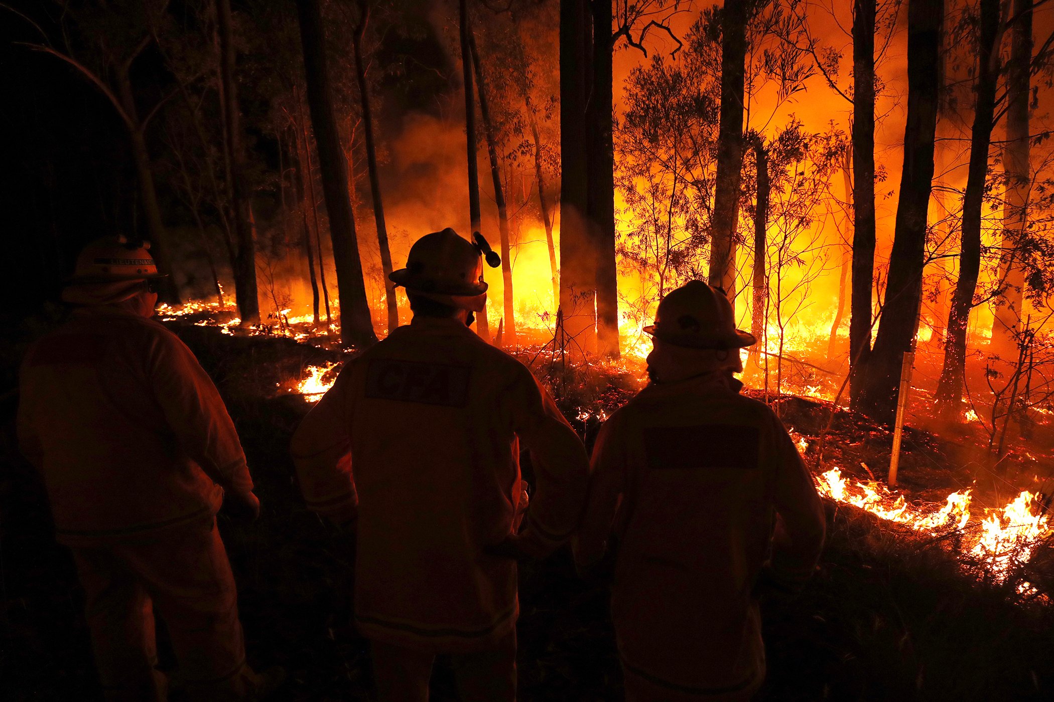 The Department of Environment, Land, Water and Planning (DELWP) and the Country Fire Authority (CFA) crews monitor fires and begin back burns between the towns of Orbost and Lakes Entrance in east Gipplsland on Jan. 2, 2020 in Australia.