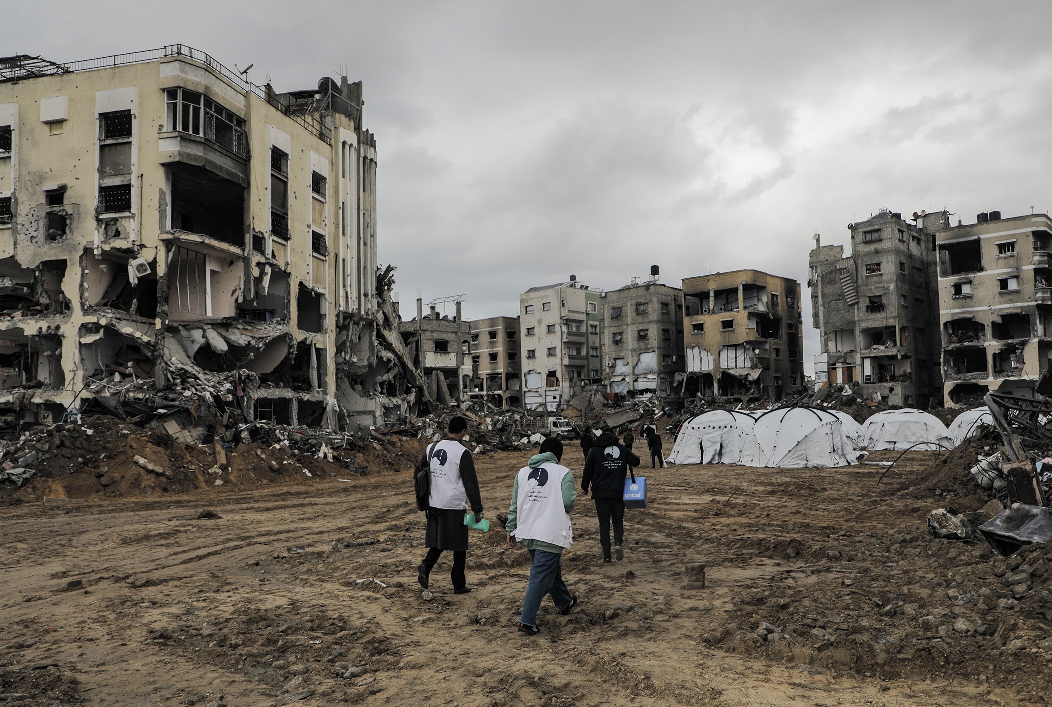 Health workers are pictured in Jabalia, in northern Gaza, as part of a vaccination campaign that ran in February 2025.