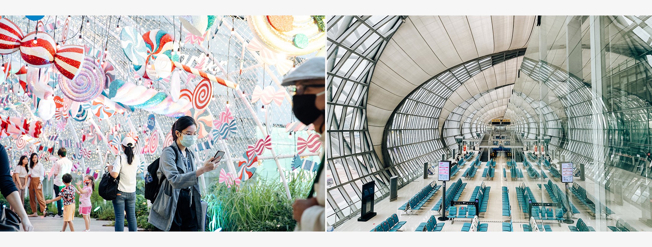 (L) People take photos with holiday decorations in Bangkok on Dec. 22, 2020. People are required a mask while out in public at all times. (R) An empty Suvarnabhumi Airport, which is usually the 17th busiest airport in the world, in August 2020.