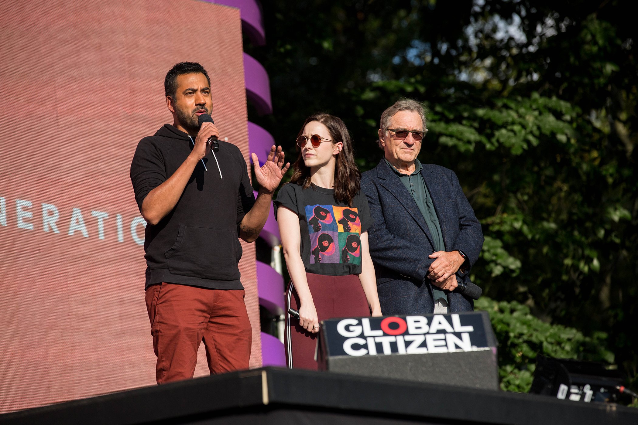 Kal Penn, Rachel Brosnahan, and Robert De Niro present at the Global Citizen Festival in Central Park on Sept. 29, 2018.