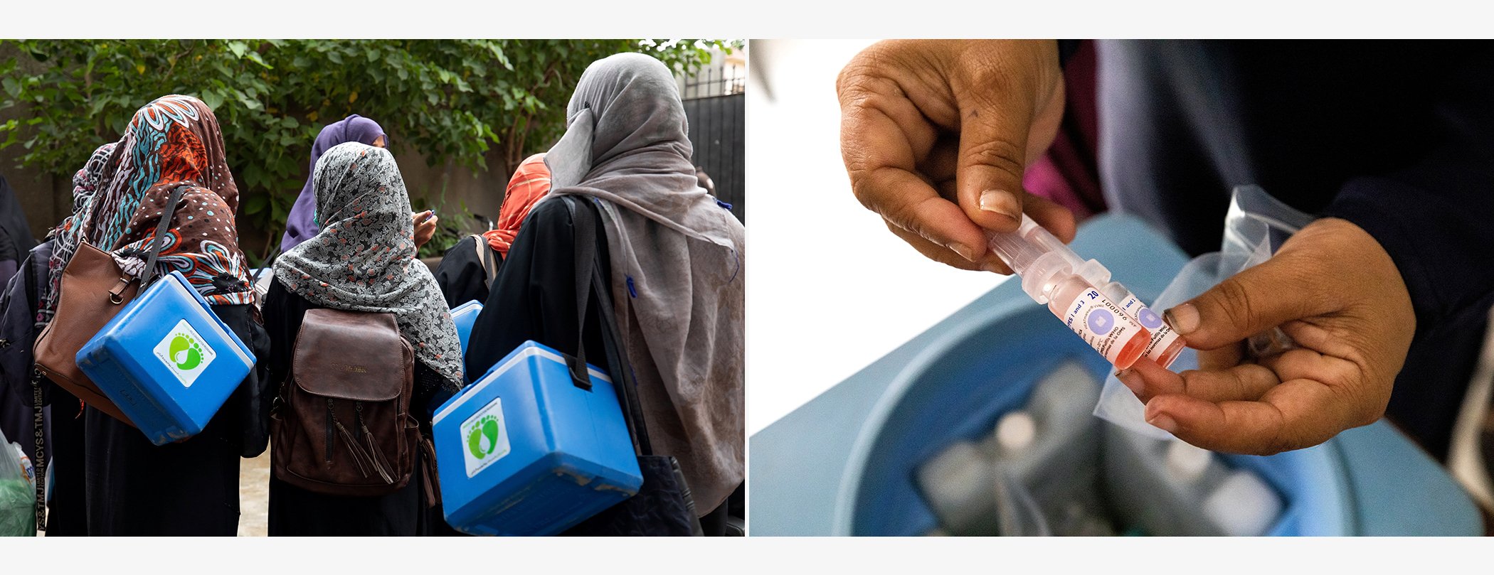 (L) Polio vaccination teams head out to their assigned communities in Karachi, Pakistan on Aug. 21, 2022. (R) A polio vaccinator collects the vaccine in her carrier before heading to a community.
