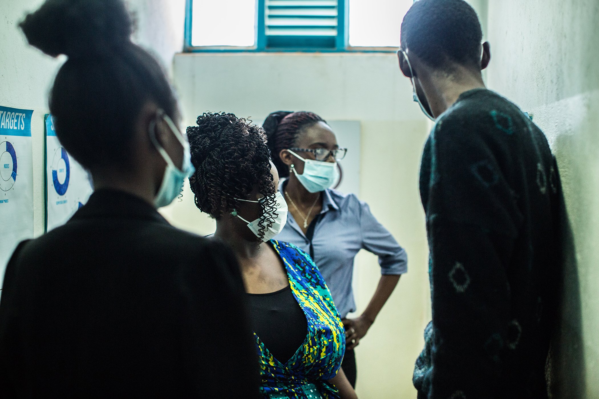 Christelle Kwizera and other team members at the Water Access Rwanda offices in Kigali, Rwanda. In 2014, Kwizera founded Water Access Rwanda, a social enterprise that aims to eliminate water scarcity and provide communities with safe and accessible water.
