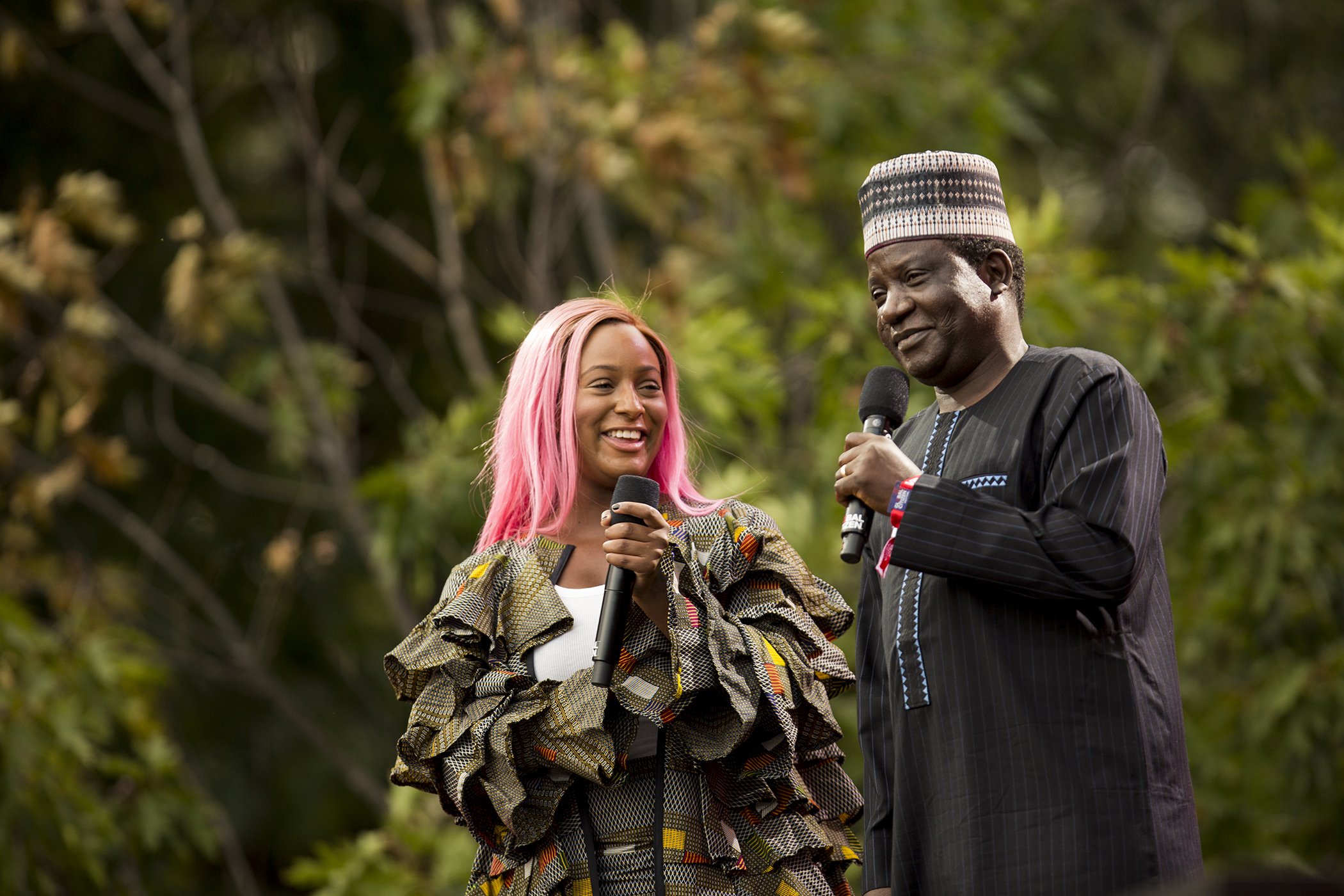 Florence DJ Cuppy Otedola and Plateau State Governor Simon Bako LaLong speak onstage during the 2019 Global Citizen Festival in Central Park on Sept. 28, 2019 in New York City.