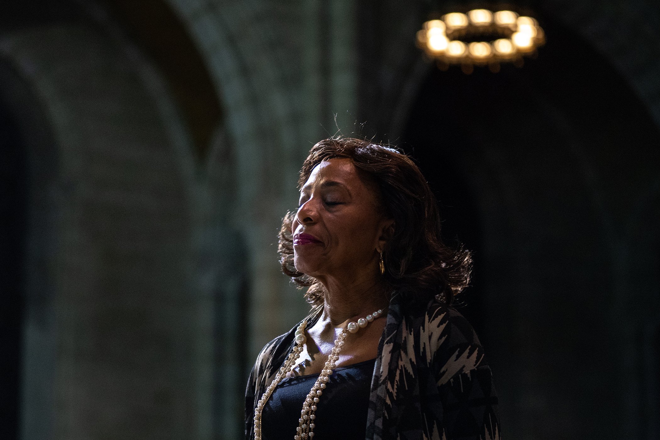 A member of the audience reacts to the speakers and performers during Global Citizen Week: The Spirit Of A Movement at Riverside Church.