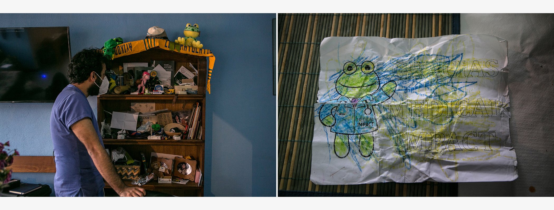 (L) Dr. Franyuti stands by a shelf in his home designated the "memory wall." On this wall are trinkets, drawings, toys, scrap papers, badges, and more from all corners of the world. (R) A drawing from a child in Cochoapa that Dr. Franyuti has kept.