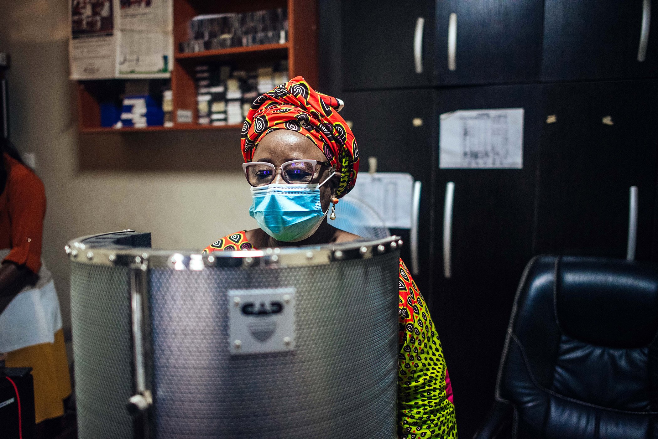Moji Makanjuola during a voice-over session at her studio in Garki, Abuja, Nigeria on Dec. 16, 2020.